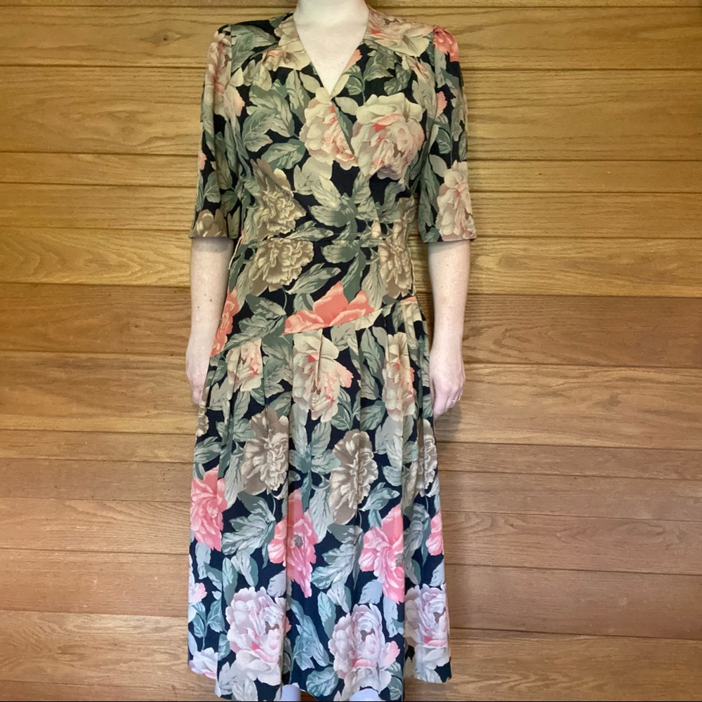 Vintage 80s dark floral wrap front midi dress
